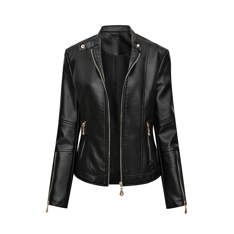 Ladies' Fitted Faux Leather Biker Jacket with Stand-up Collar, Tailored Seams, and Zipper Pockets Mune Fashion