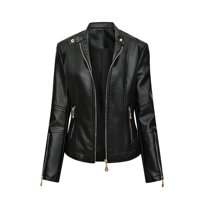 Ladies' Fitted Faux Leather Biker Jacket with Stand-up Collar, Tailored Seams, and Zipper Pockets Mune Fashion