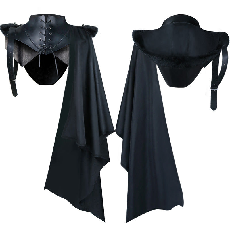 Unisex nan asymmetrical hooded shoulder wrap with laced collar and adjustable leather straps Mune Fashion