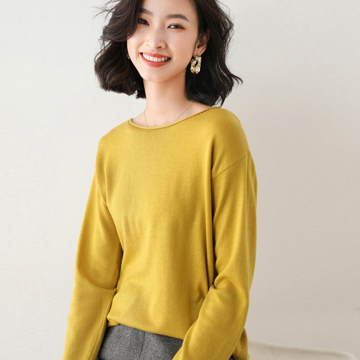 Women Light Fine Knit Sweater with Wide Round Neckline and Casual Fit Mune Fashion
