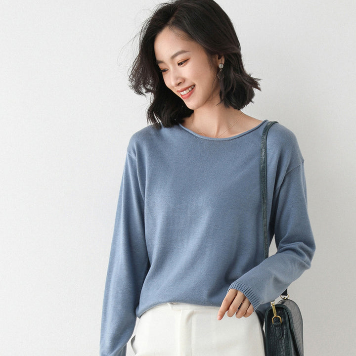 Women Light Fine Knit Sweater with Wide Round Neckline and Casual Fit Mune Fashion