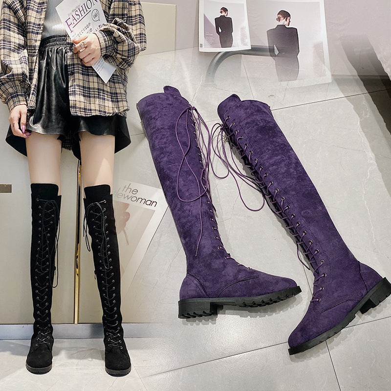 Women's Over-the-Knee Lace-Up Boots in Suede Look with Continuous Lace System and Chunky Profile Sole Mune Fashion