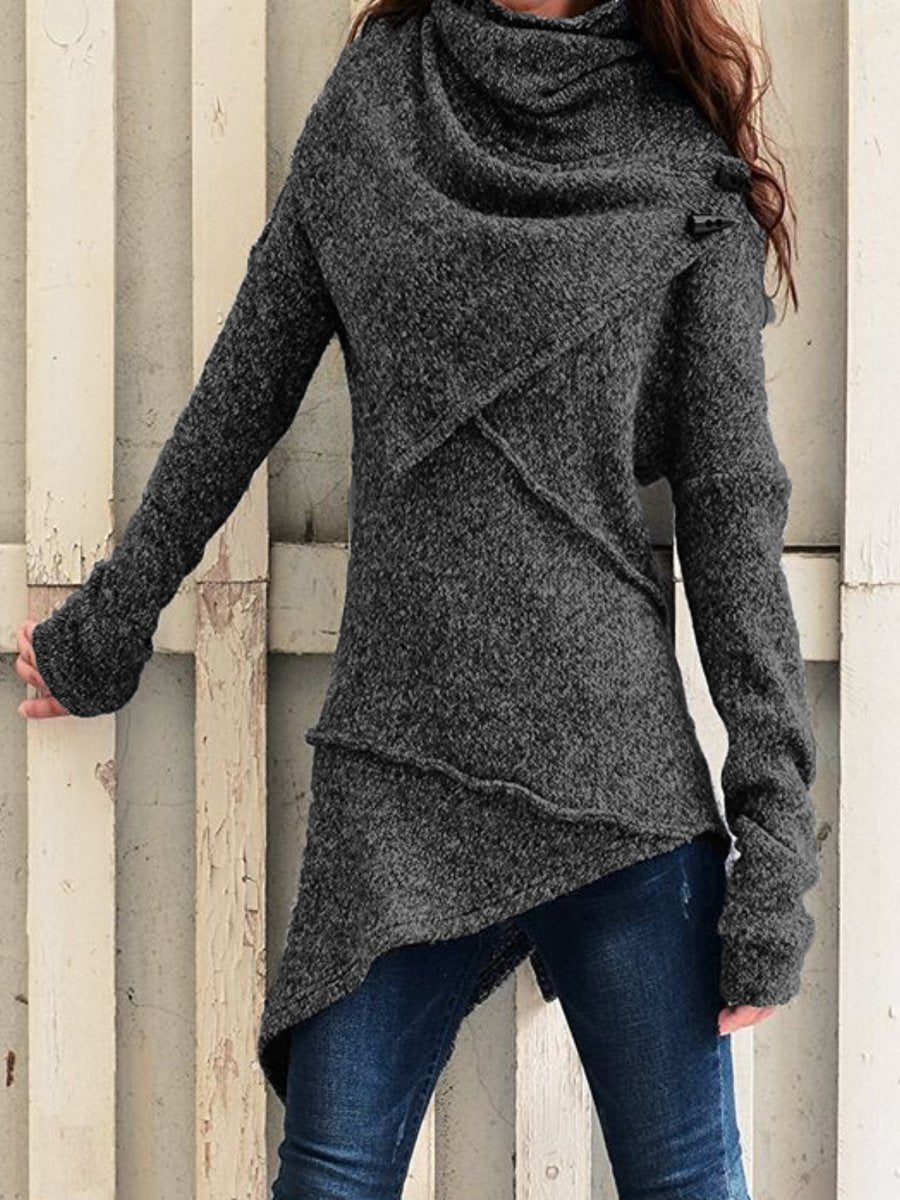 Women's Asymmetrical Boucle Knit Sweater with Large Shawl Collar Mune Fashion