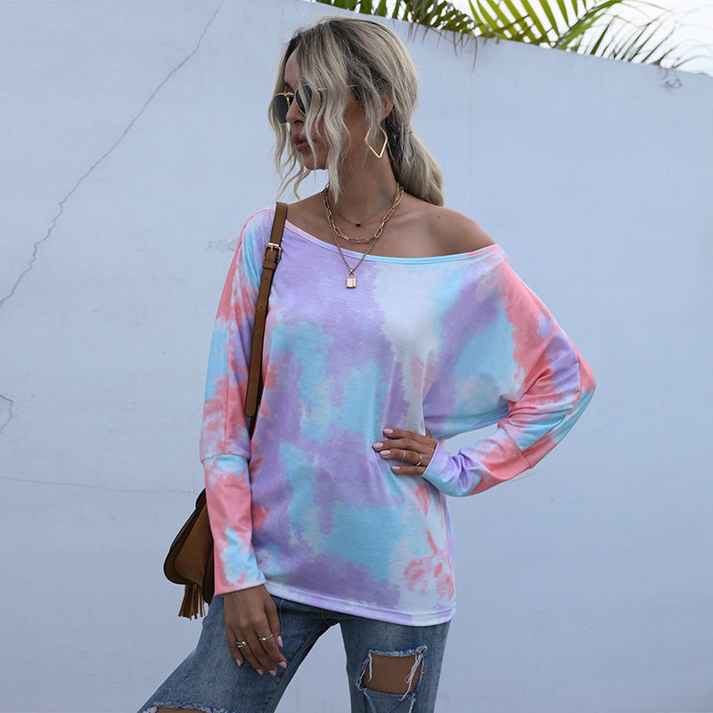 Women Oversize Long Sleeve with Off-Shoulder Cut and Tie-Dye Pattern Mune Fashion