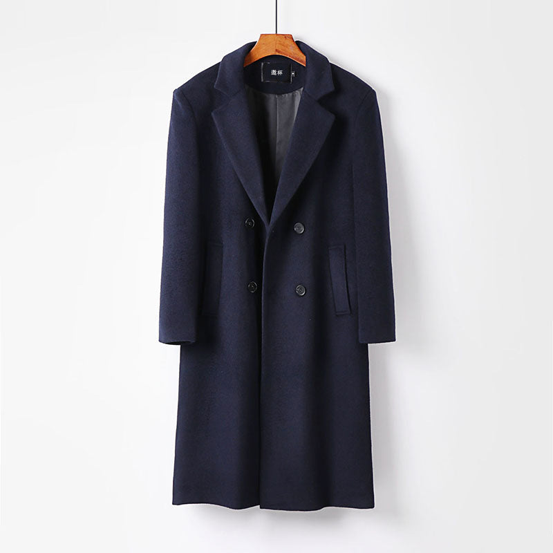 Men's Elegant Wool Blend Long Coat with Double-Breasted Front and Draped Lapel Mune Fashion