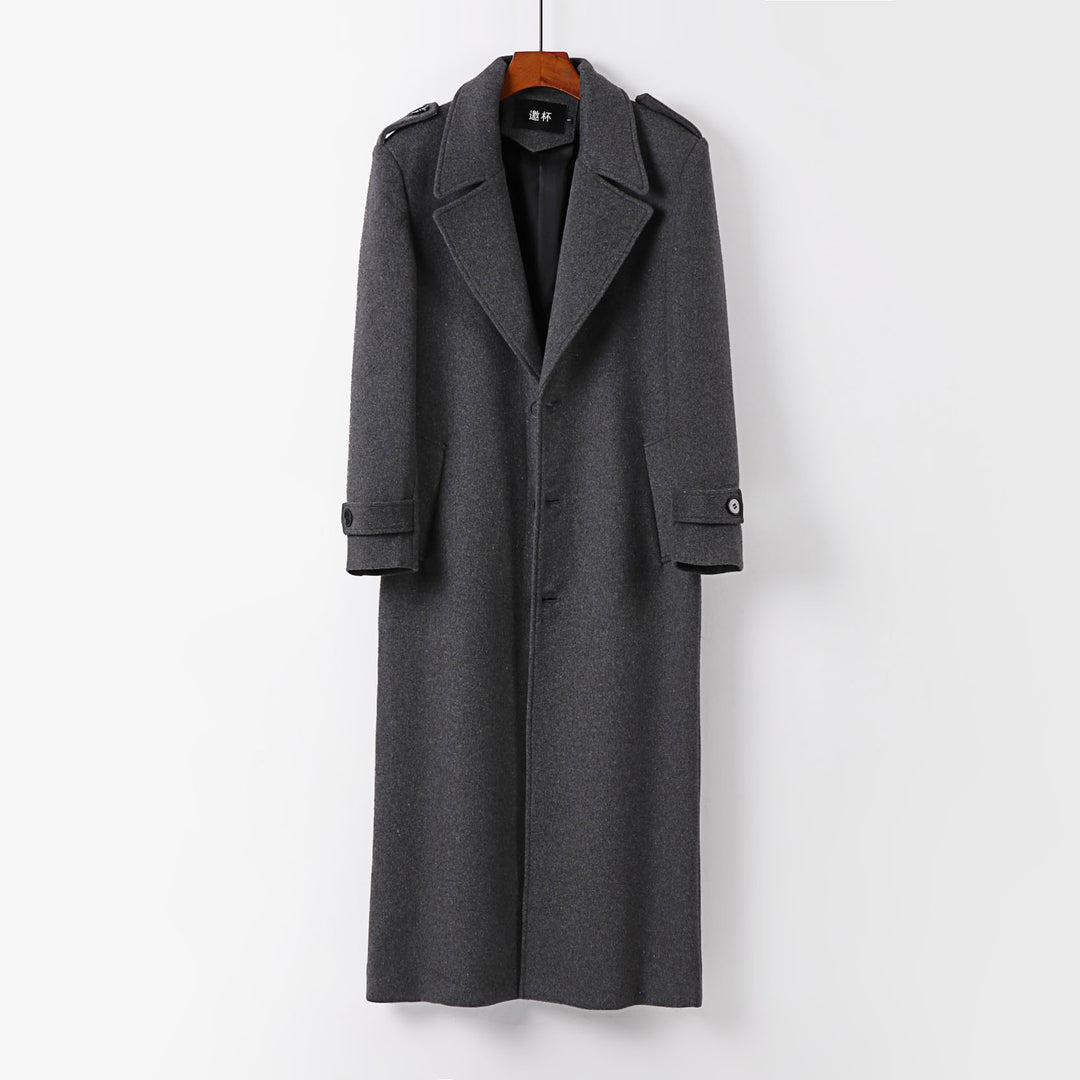 Men's floor-length wool coat with shawl collar, belt, and epaulettes Mune Fashion