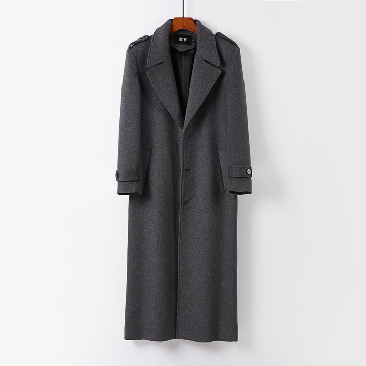 Men's floor-length wool coat with shawl collar, belt, and epaulettes Mune Fashion