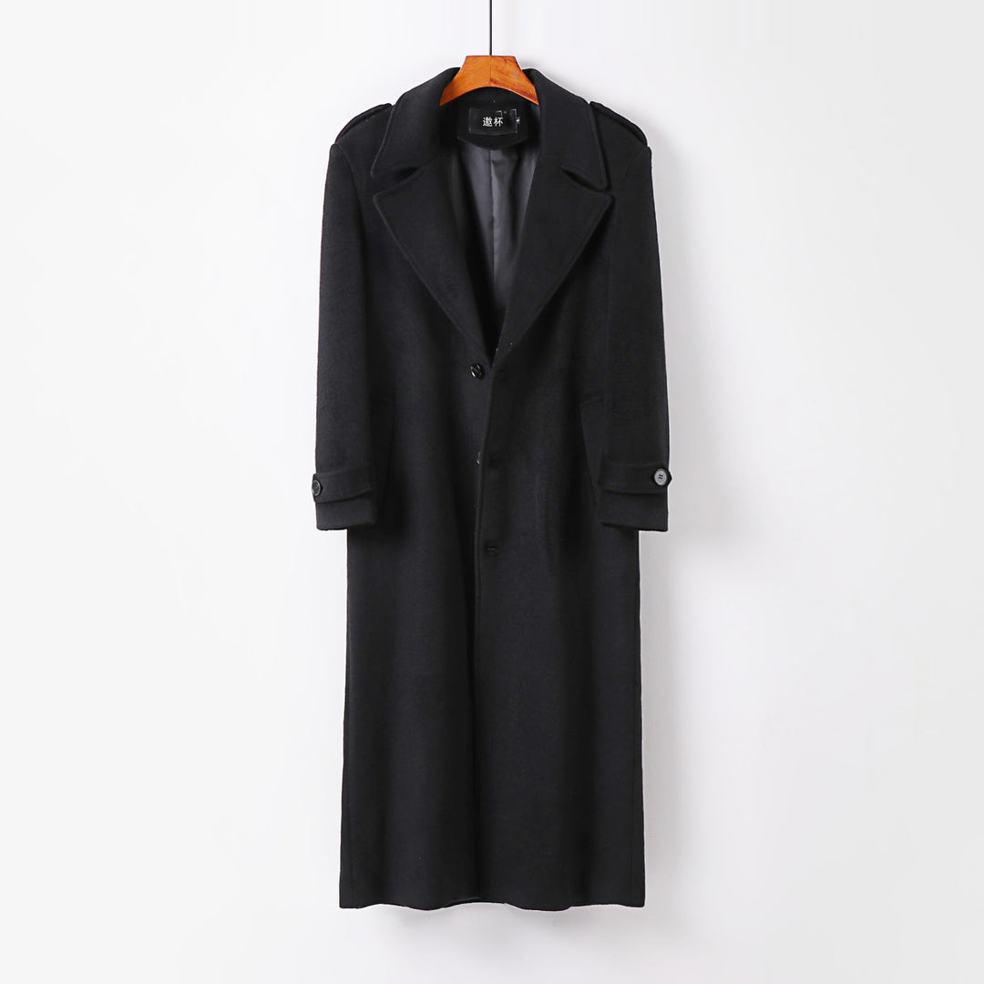Men's floor-length wool coat with shawl collar, belt, and epaulettes Mune Fashion