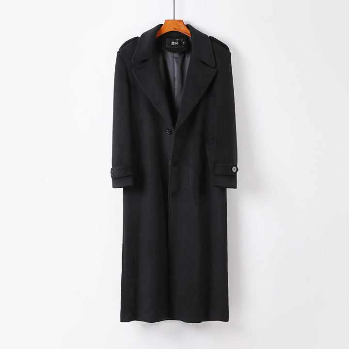 Men's floor-length wool coat with shawl collar, belt, and epaulettes Mune Fashion