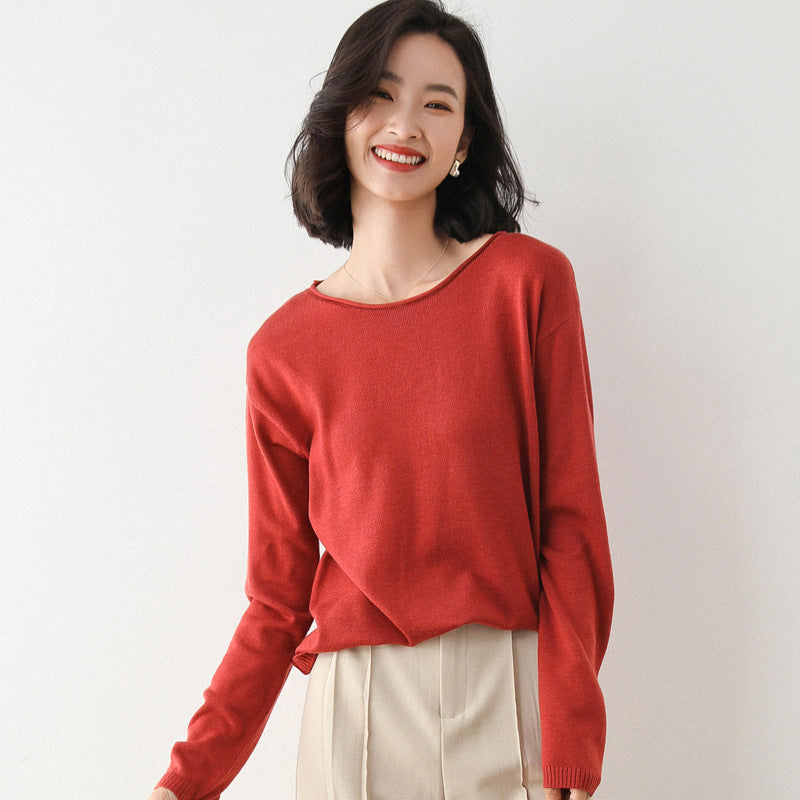 Women Light Fine Knit Sweater with Wide Round Neckline and Casual Fit Mune Fashion