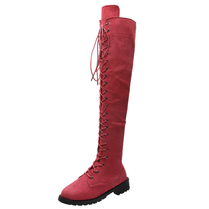 Women's Over-the-Knee Lace-Up Boots in Suede Look with Continuous Lace System and Chunky Profile Sole Mune Fashion