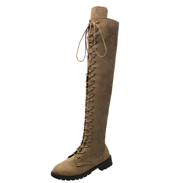 Women's Over-the-Knee Lace-Up Boots in Suede Look with Continuous Lace System and Chunky Profile Sole Mune Fashion