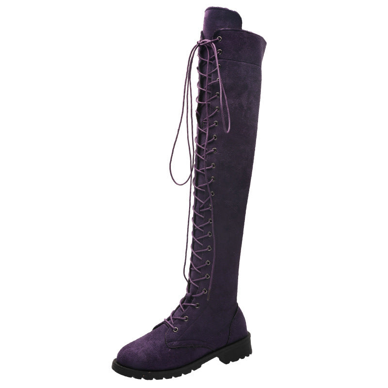 Women's Over-the-Knee Lace-Up Boots in Suede Look with Continuous Lace System and Chunky Profile Sole Mune Fashion