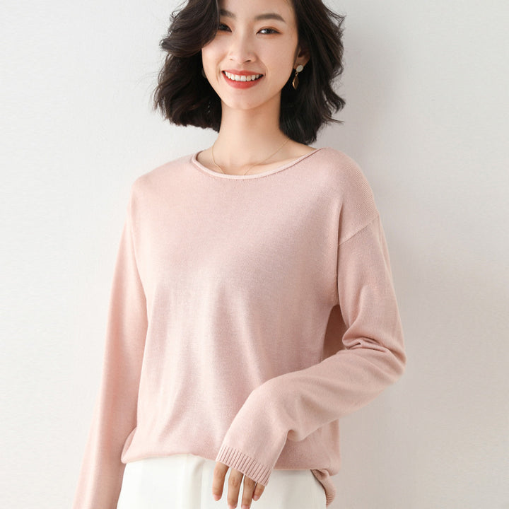 Women Light Fine Knit Sweater with Wide Round Neckline and Casual Fit Mune Fashion