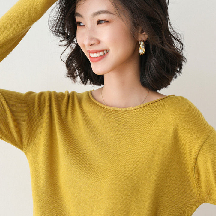 Women Light Fine Knit Sweater with Wide Round Neckline and Casual Fit Mune Fashion