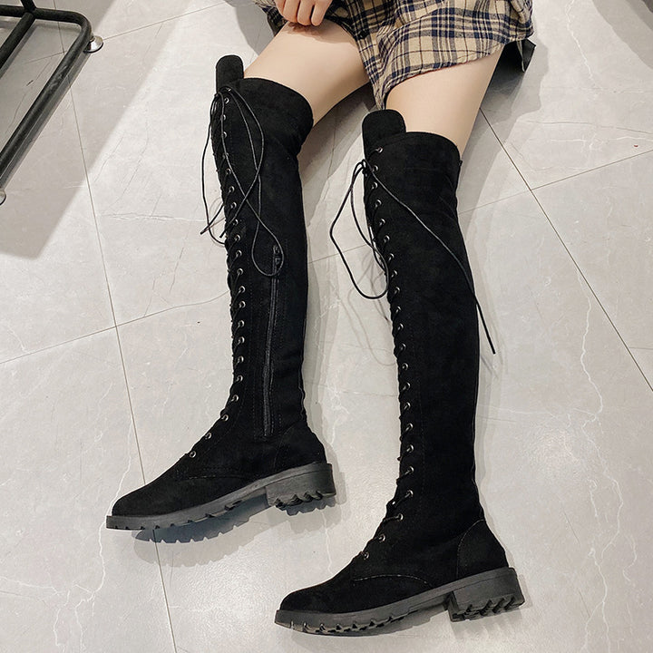 Women's Over-the-Knee Lace-Up Boots in Suede Look with Continuous Lace System and Chunky Profile Sole Mune Fashion