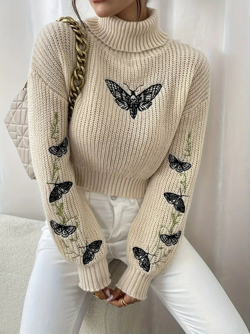 Mune | Sweater with butterfly pattern and high collar - Elegant women's fashion
