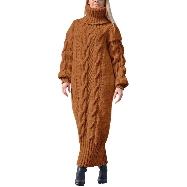 Long women's turtleneck sweater with cable pattern