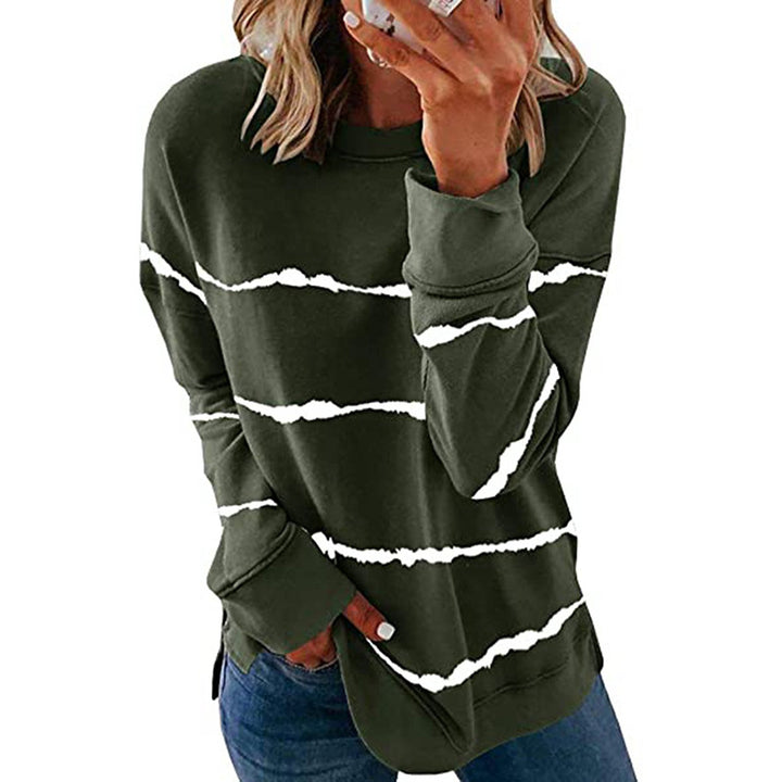 Women's casual oversized sweatshirt with wave-pattern stripes round neck side slits and rounded hem Mune Fashion