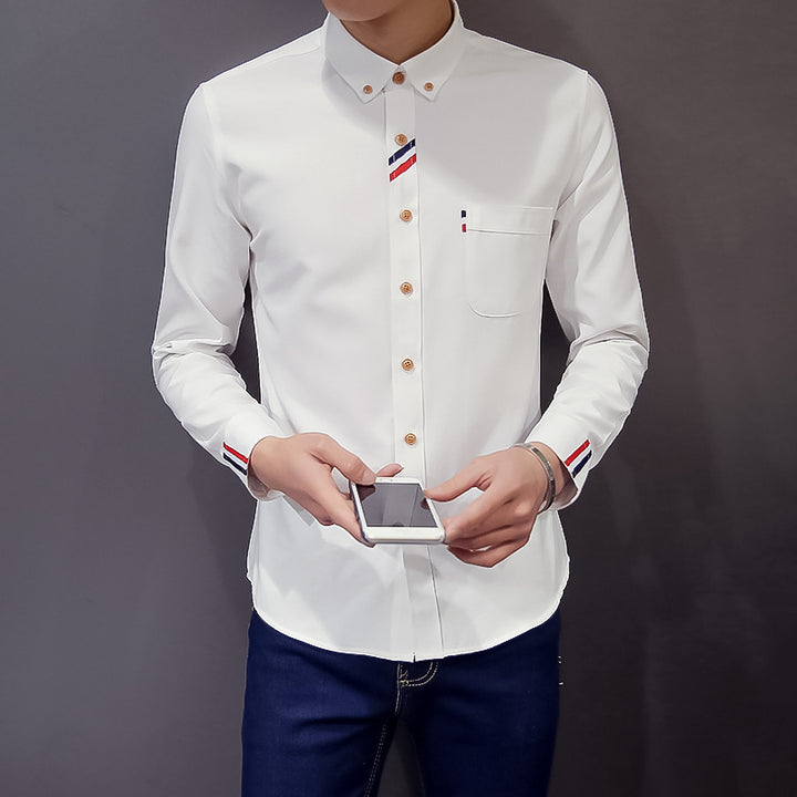 Men's tailored button-down shirt with discreet tricolor trim and easy-care cotton stretch quality Mune Fashion