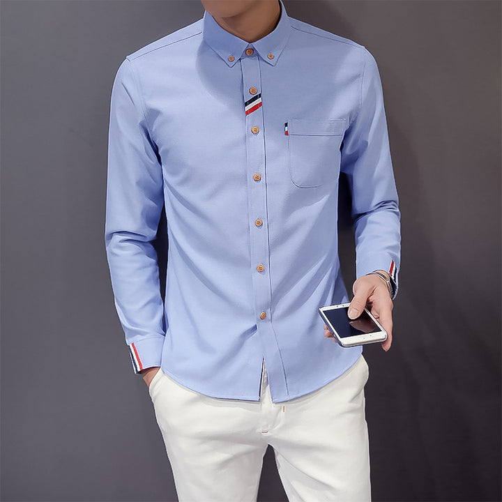 Men's tailored button-down shirt with discreet tricolor trim and easy-care cotton stretch quality Mune Fashion
