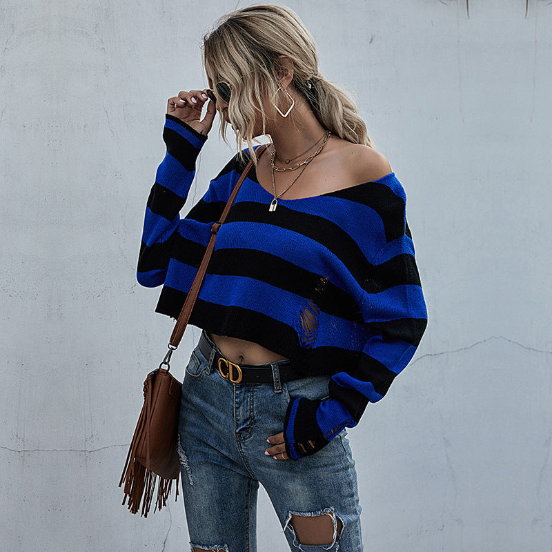 Ladies Short Striped Sweater with V-Neck, Used Look and Dropped Shoulders Mune Fashion