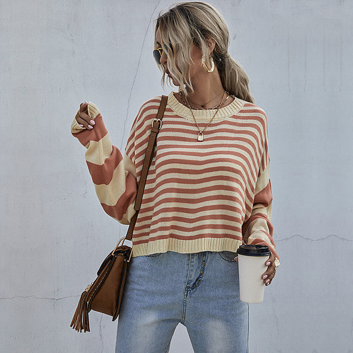 Women Striped Oversize Cropped Knit Sweater with Raglan Sleeves and Ribbed Trimmings Mune Fashion