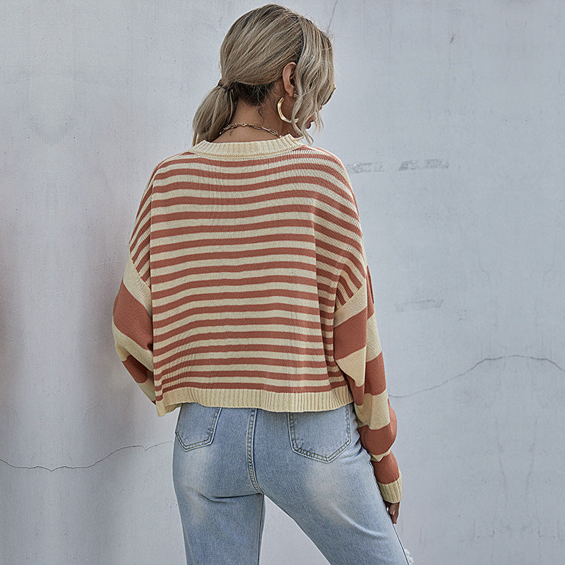 Women Striped Oversize Cropped Knit Sweater with Raglan Sleeves and Ribbed Trimmings Mune Fashion