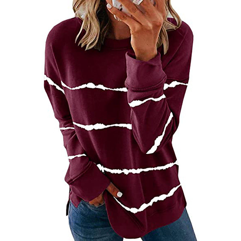 Women's casual oversized sweatshirt with wave-pattern stripes round neck side slits and rounded hem Mune Fashion