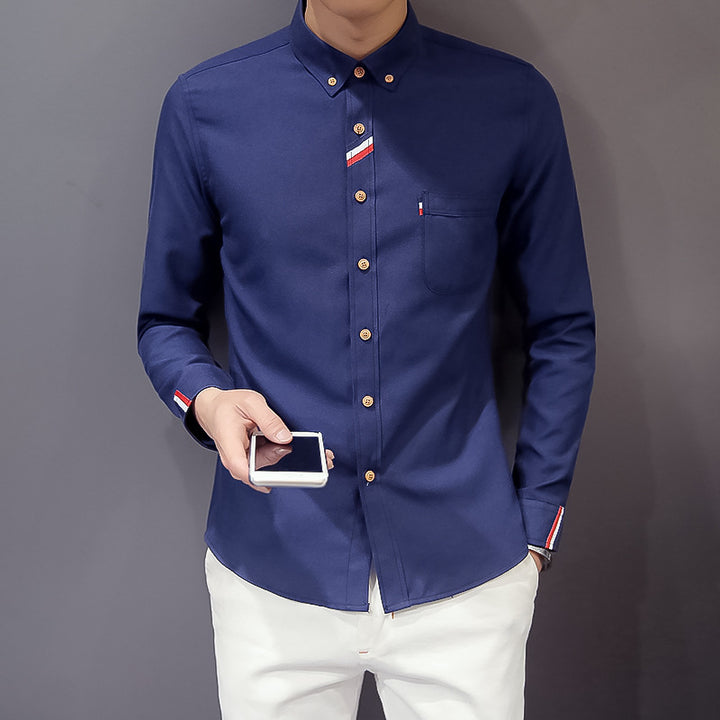 Men's tailored button-down shirt with discreet tricolor trim and easy-care cotton stretch quality Mune Fashion