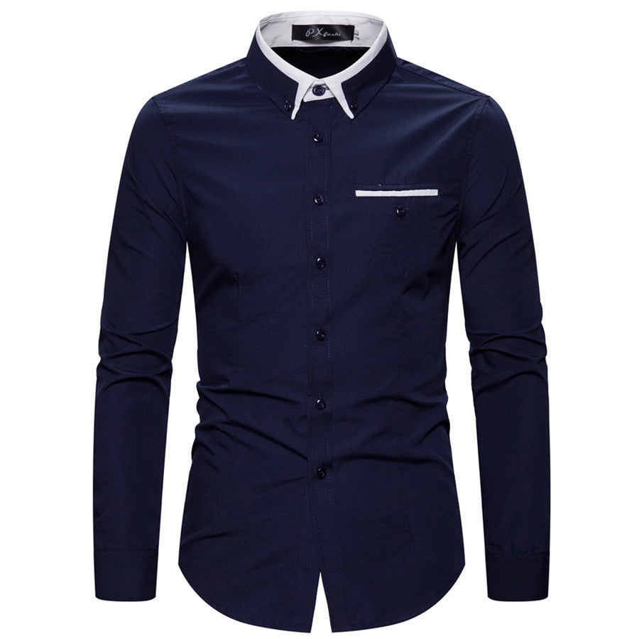 Men's tailored long sleeve shirt with contrast button-down collar and chest piping Mune Fashion