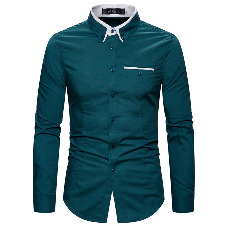 Men's tailored long sleeve shirt with contrast button-down collar and chest piping Mune Fashion
