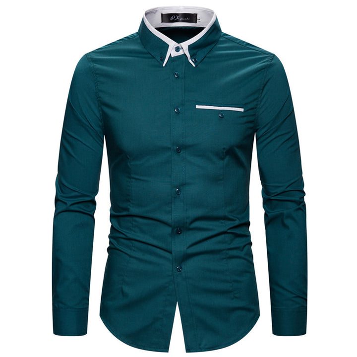 Men's tailored long sleeve shirt with contrast button-down collar and chest piping Mune Fashion