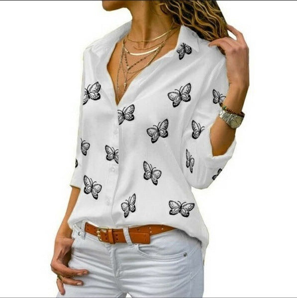 Ladies' relaxed long blouse with butterfly print and shirt collar Mune Fashion
