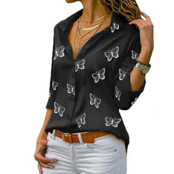Ladies' relaxed long blouse with butterfly print and shirt collar Mune Fashion