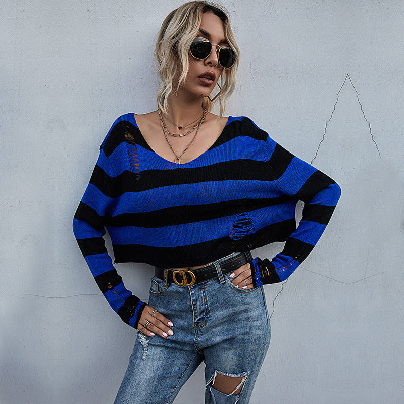 Ladies Short Striped Sweater with V-Neck, Used Look and Dropped Shoulders Mune Fashion