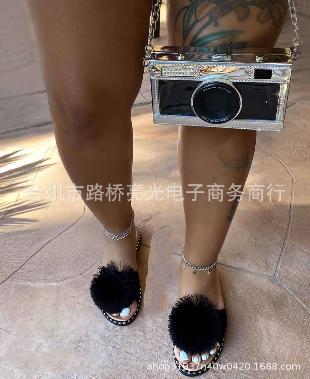 Ladies nan Pompon slide with soft faux fur ball, studded edge and non-slip outsole Mune Fashion