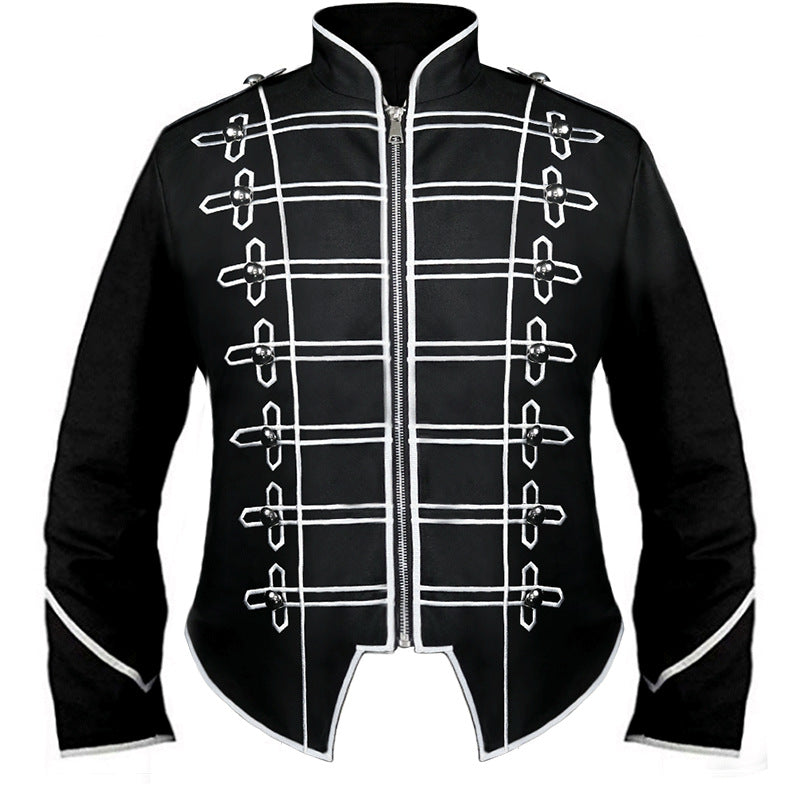 Men's nan hussar uniform jacket in parade style with stand-up collar, decorative cords, and concealed zipper.