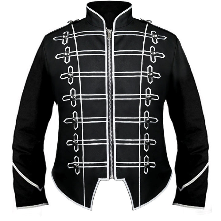 Men's nan hussar uniform jacket in parade style with stand-up collar, decorative cords, and concealed zipper.