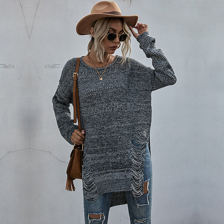 Women Oversized Long Sweater with Fringe Slits and High-Low Hem Mune Fashion