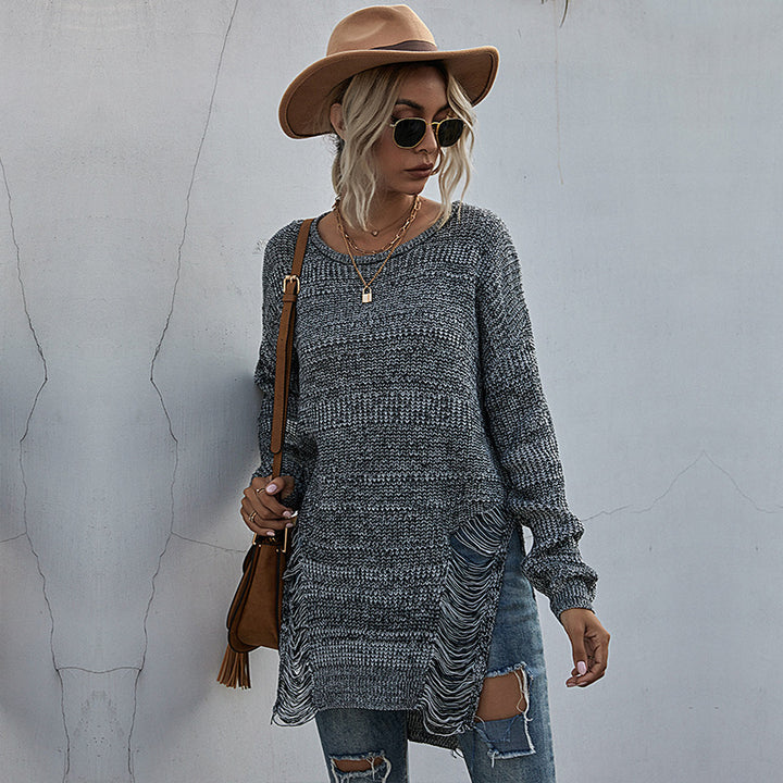 Women Oversized Long Sweater with Fringe Slits and High-Low Hem Mune Fashion