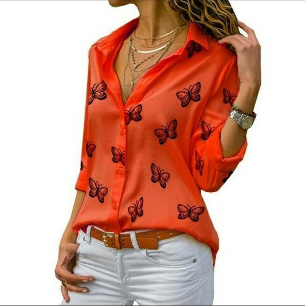 Ladies' relaxed long blouse with butterfly print and shirt collar Mune Fashion