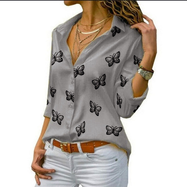 Ladies' relaxed long blouse with butterfly print and shirt collar Mune Fashion