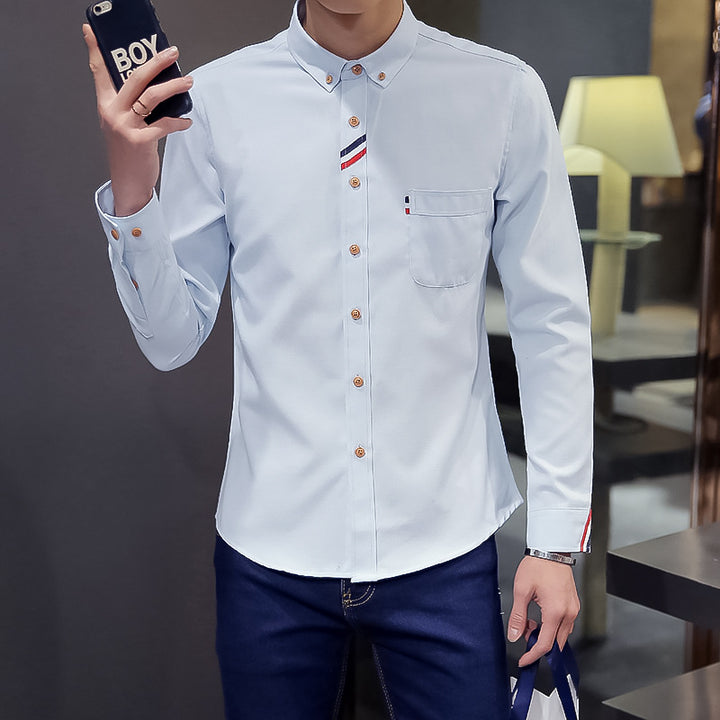 Men's tailored button-down shirt with discreet tricolor trim and easy-care cotton stretch quality Mune Fashion