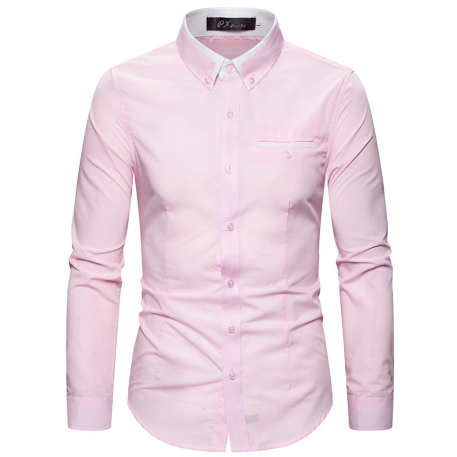 Men's tailored long sleeve shirt with contrast button-down collar and chest piping Mune Fashion