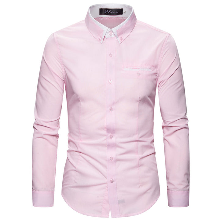 Men's tailored long sleeve shirt with contrast button-down collar and chest piping Mune Fashion