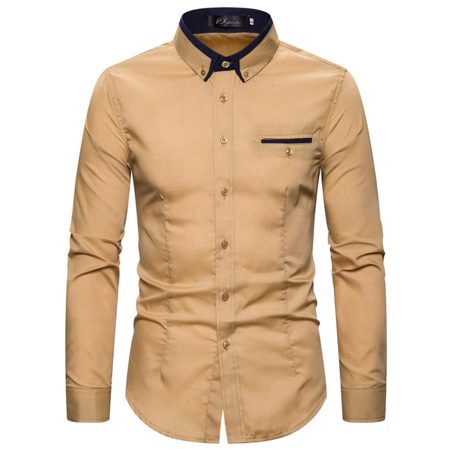 Men's tailored long sleeve shirt with contrast button-down collar and chest piping Mune Fashion