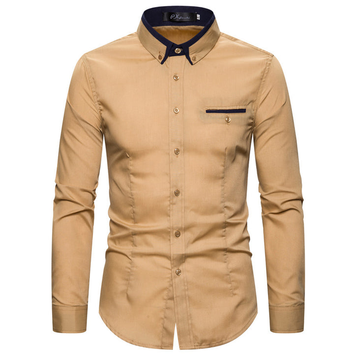 Men's tailored long sleeve shirt with contrast button-down collar and chest piping Mune Fashion