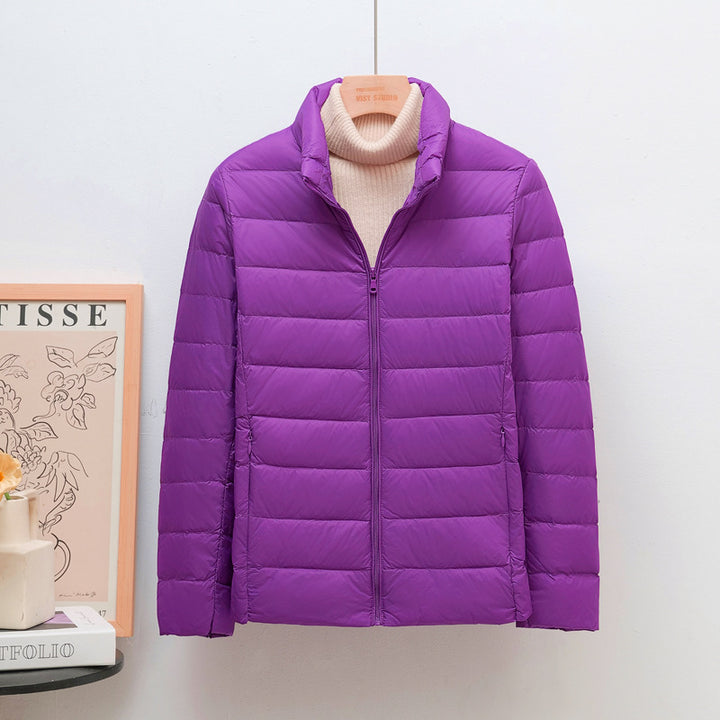 Women's down jacket, lightweight, stand collar, short