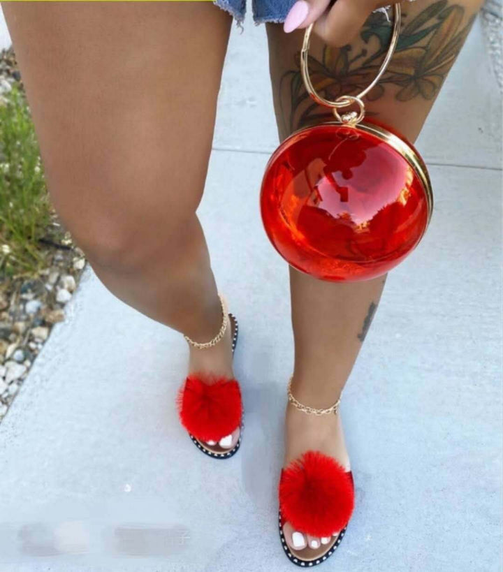 Ladies nan Pompon slide with soft faux fur ball, studded edge and non-slip outsole Mune Fashion